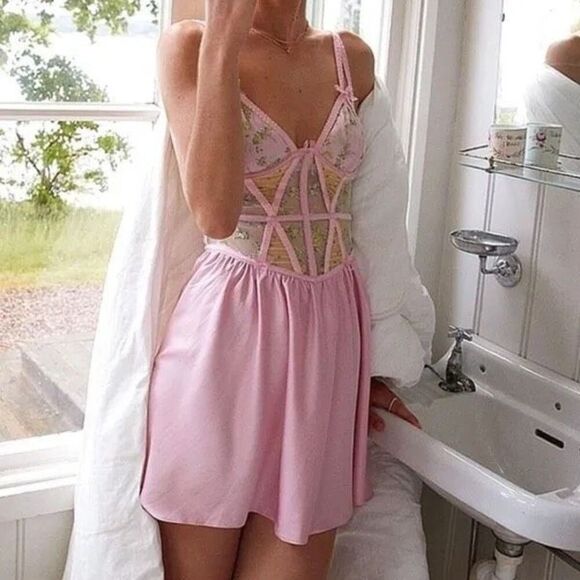 For Love & Lemons Pink Floral Corset Slip Mini Dress Lingerie Sz XXS - Picture 9 of 10